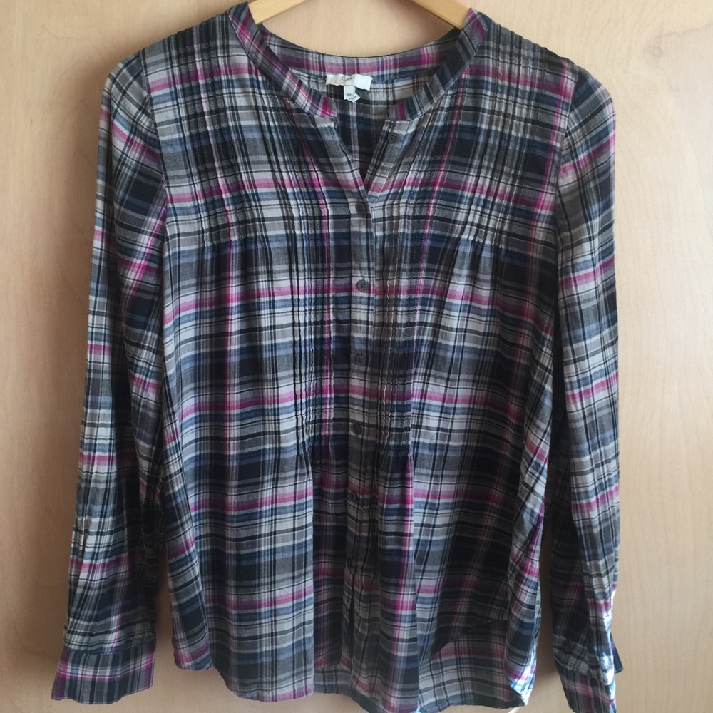 Joie black and pink plaid button down swing top